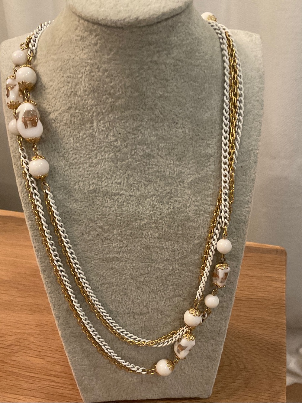 Vintage Single Long Strand Lucite Necklace Gold Tone With Filigree End Caps